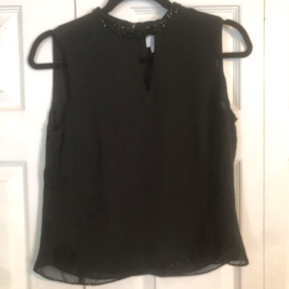 ANN TAYLOR LOFT Size 6 Black Sleeveless Blouse Semi-Sheer Beaded Keyhole - Picture 1 of 7